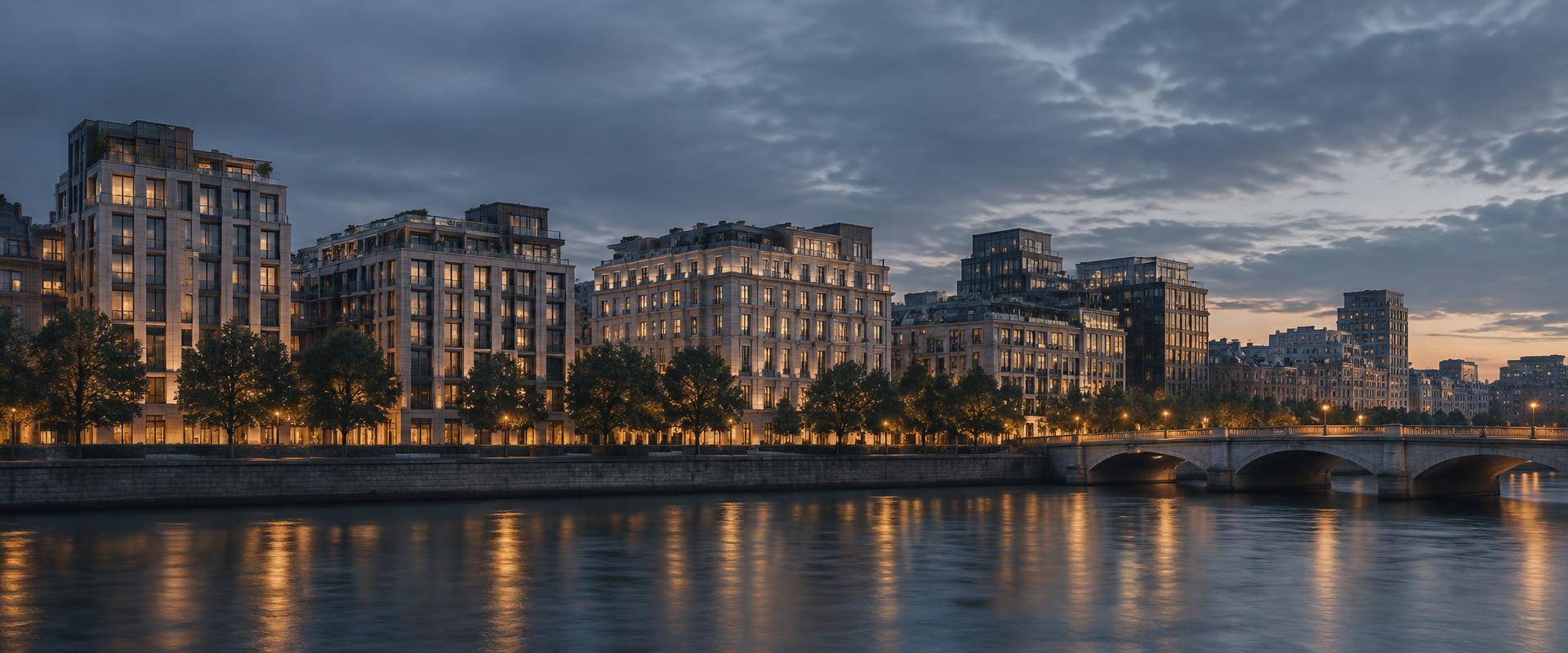 City buildings along the waterfront at dusk